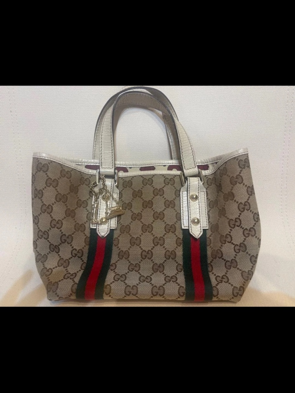 Gucci Brown GG Canvas Tote with Red & Green Web